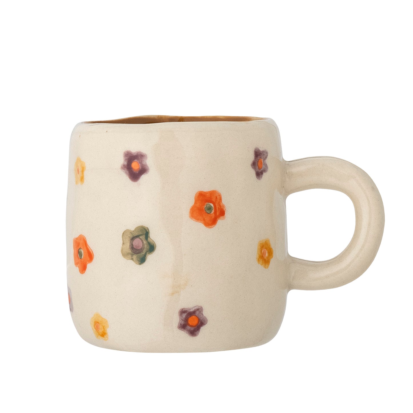 Small cream coloured mug with small flowers painted on the surface. The colours are green, purple and orange.