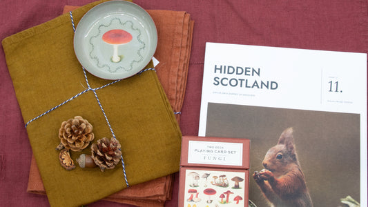 Candle, pinecones, and a book titled 'Hidden Scotland' on a red fabric background