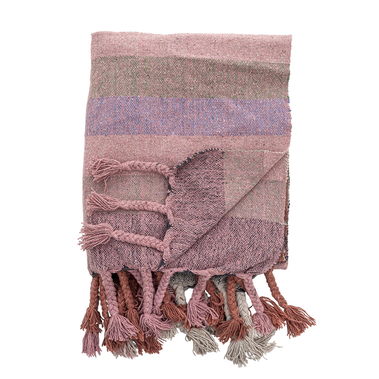 A folded woven throw with pink, blue, and green stripes and tassels on a white background
