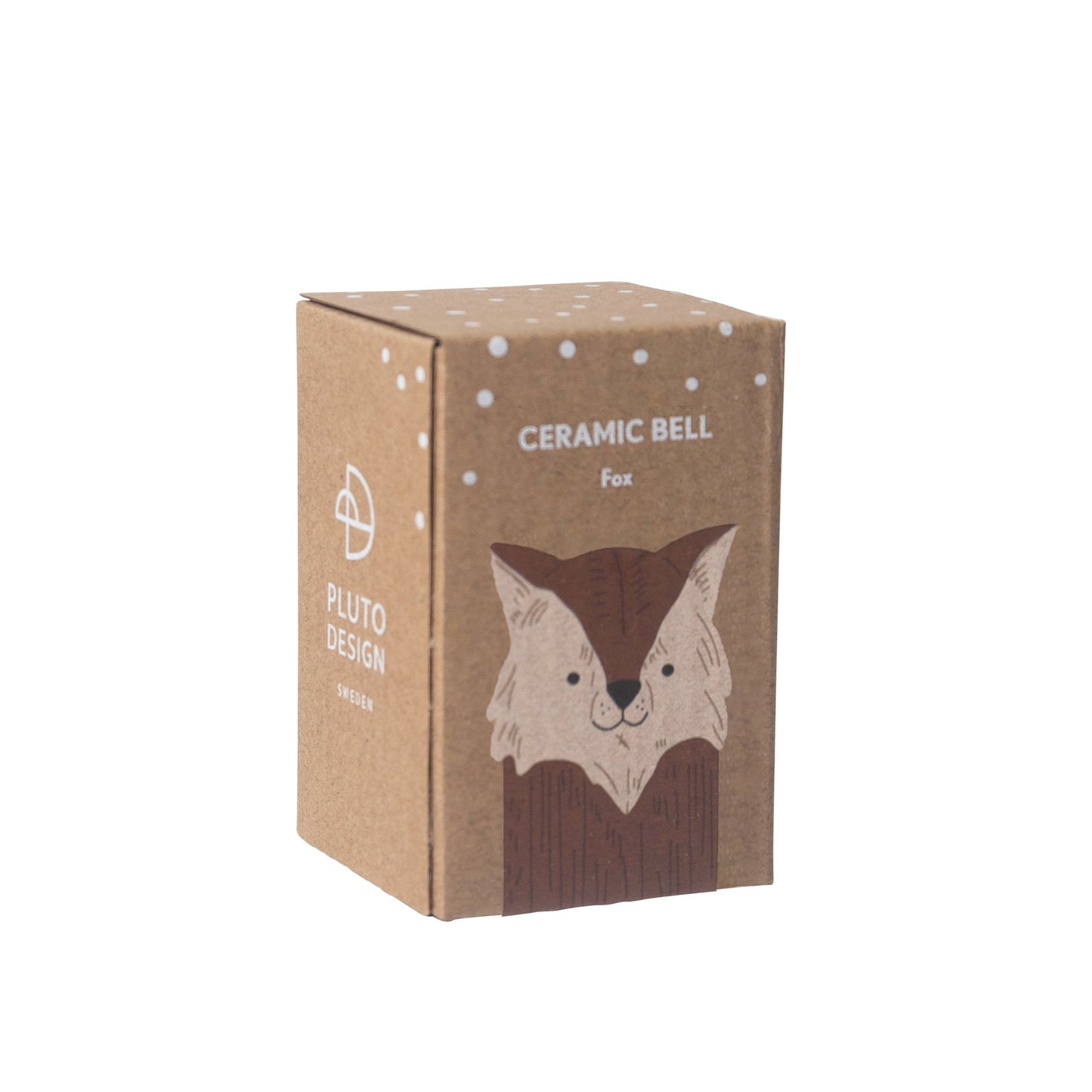 Box packaging for a ceramic bell with a fox design on a white background