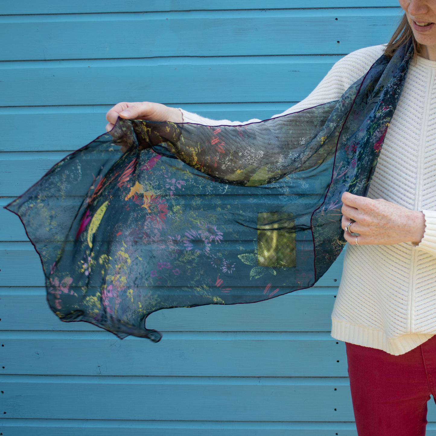 Rainfall Blooms Floral Print Silk Scarf