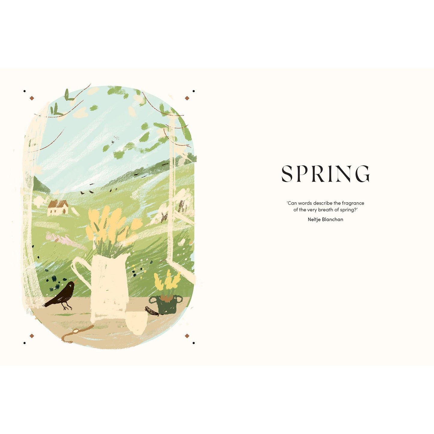 Illustration of a spring scene with flowers and a bird, featuring the word 'Spring'.
