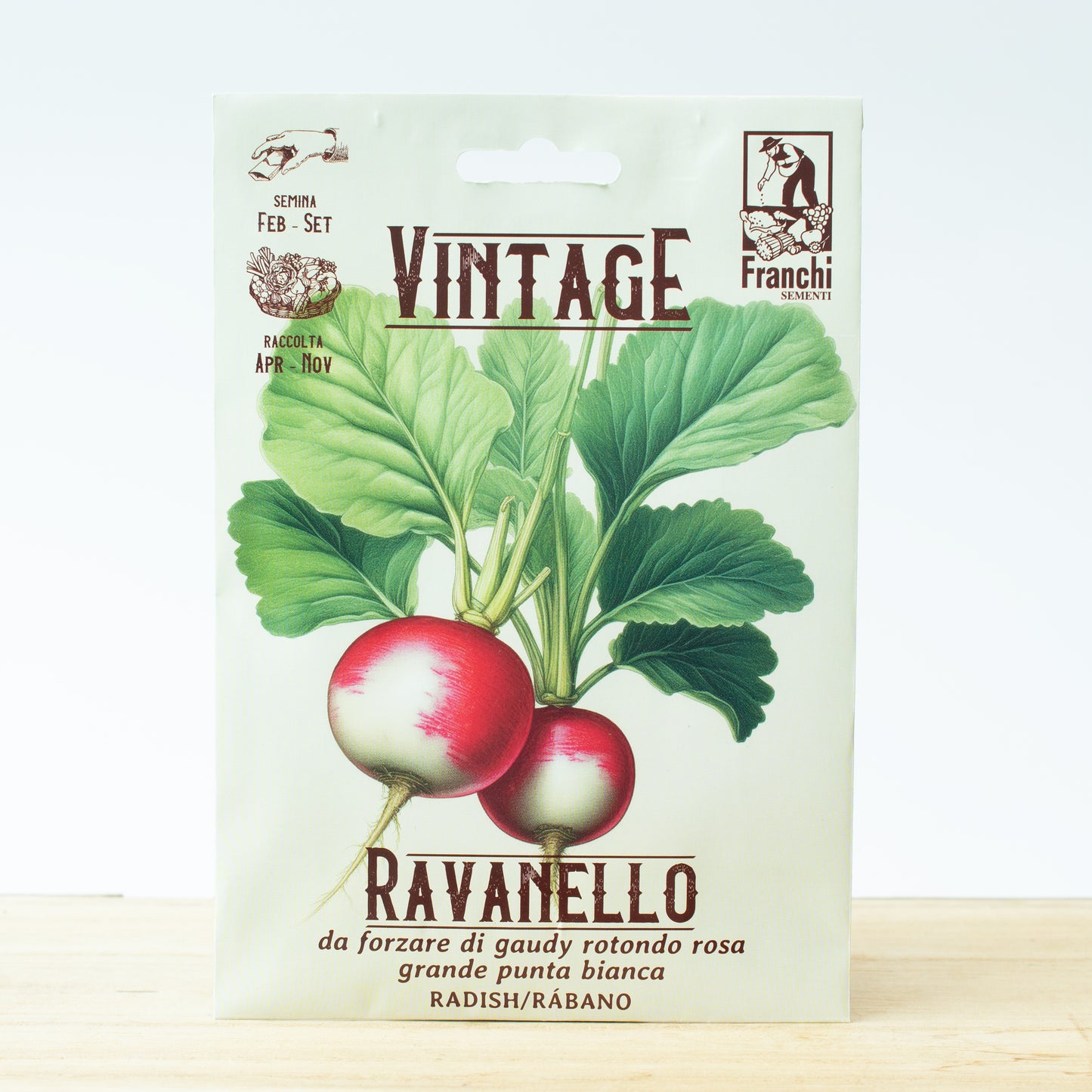 Packaging for Vintage brand Radish seeds with an illustration of a red radish with white tips and leaves.