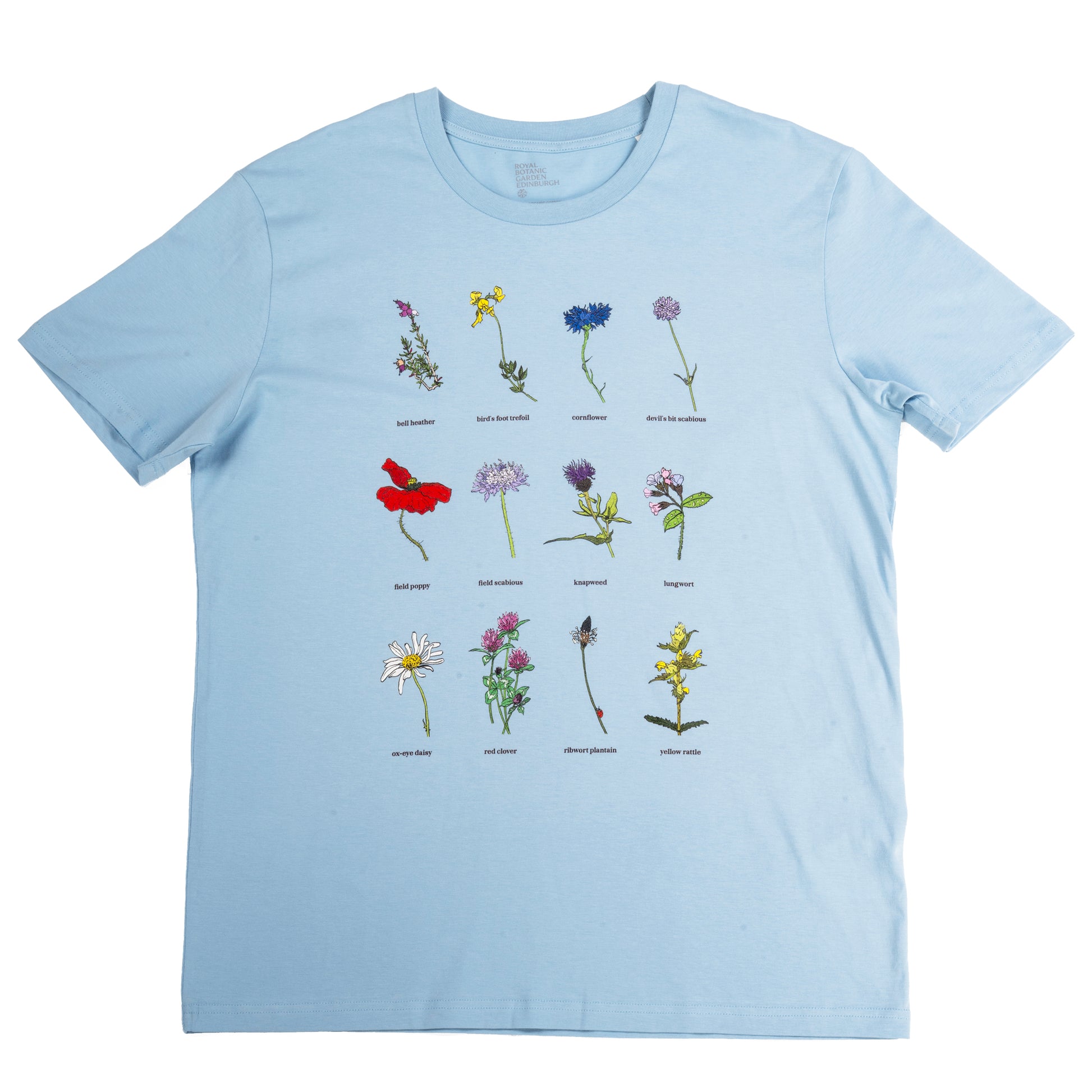 Light blue t-shirt with colorful flower illustrations on a white background