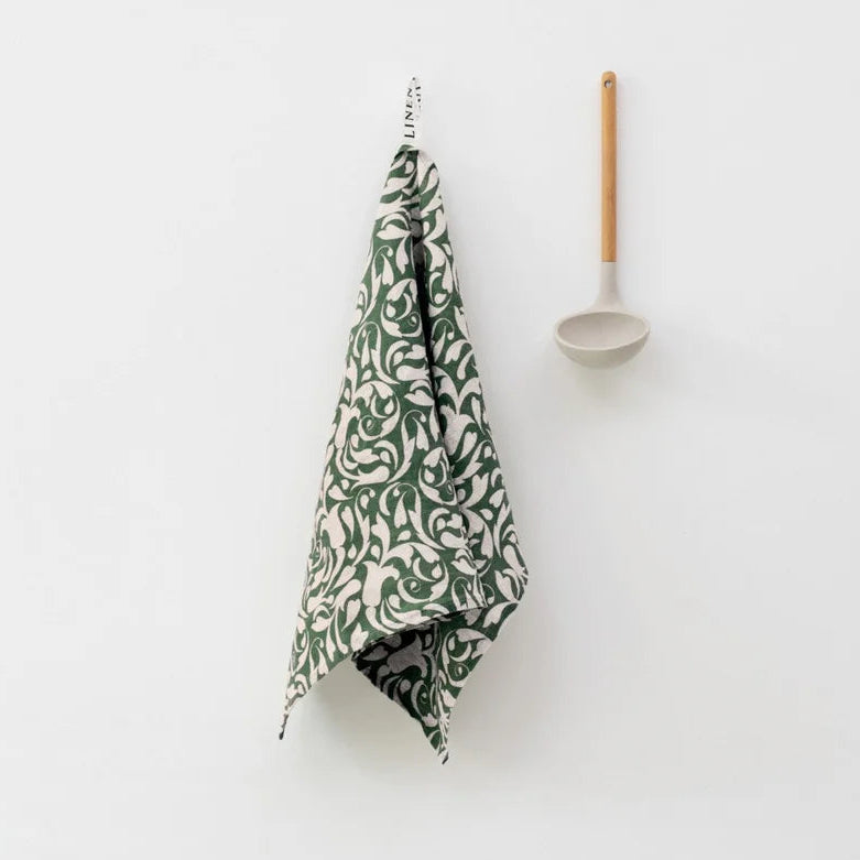 Linen Tea Towel - Evergreen Damask