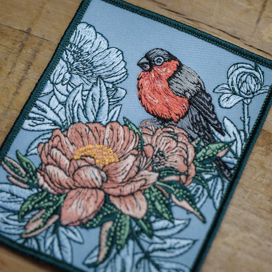 'Fortunate' Bullfinch & Peony Embroidered Patch