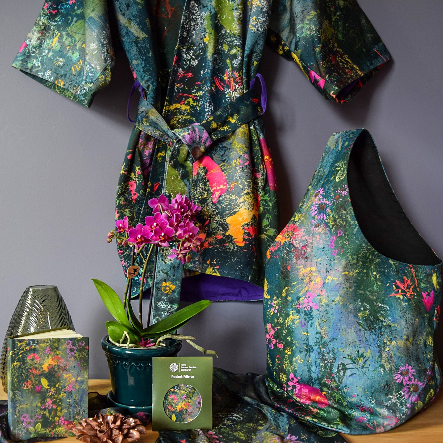 Limited Edition Collection featuring Floral Print Kimono, Silk Scarf and Cotton Bag