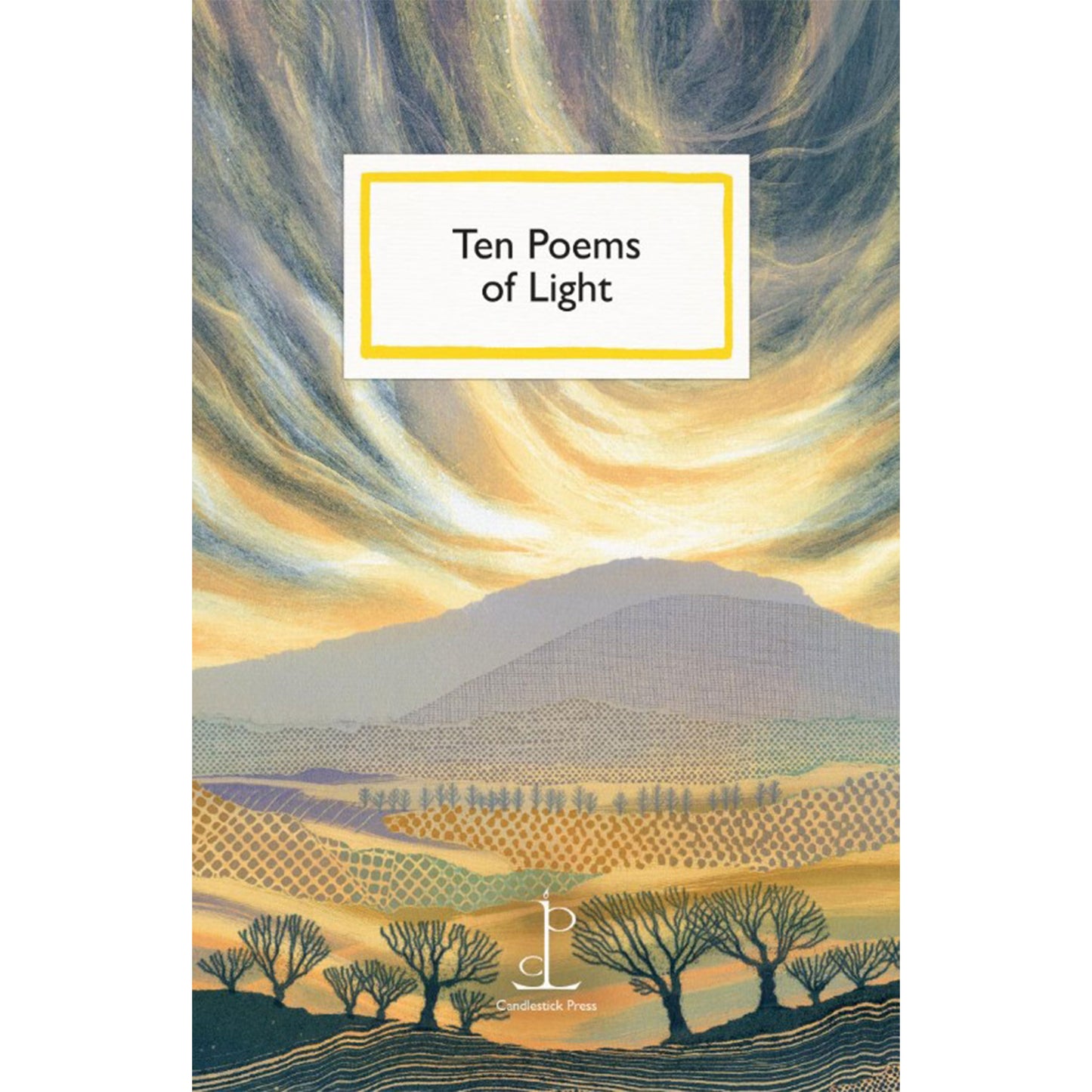 Ten Poems of Light  poem card front cover with artwork depicting a soaring sunrise and mountains. 