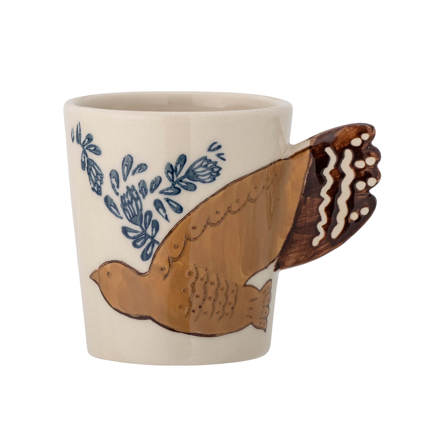 White mug with hand painted bird. The bird wing is the handle.