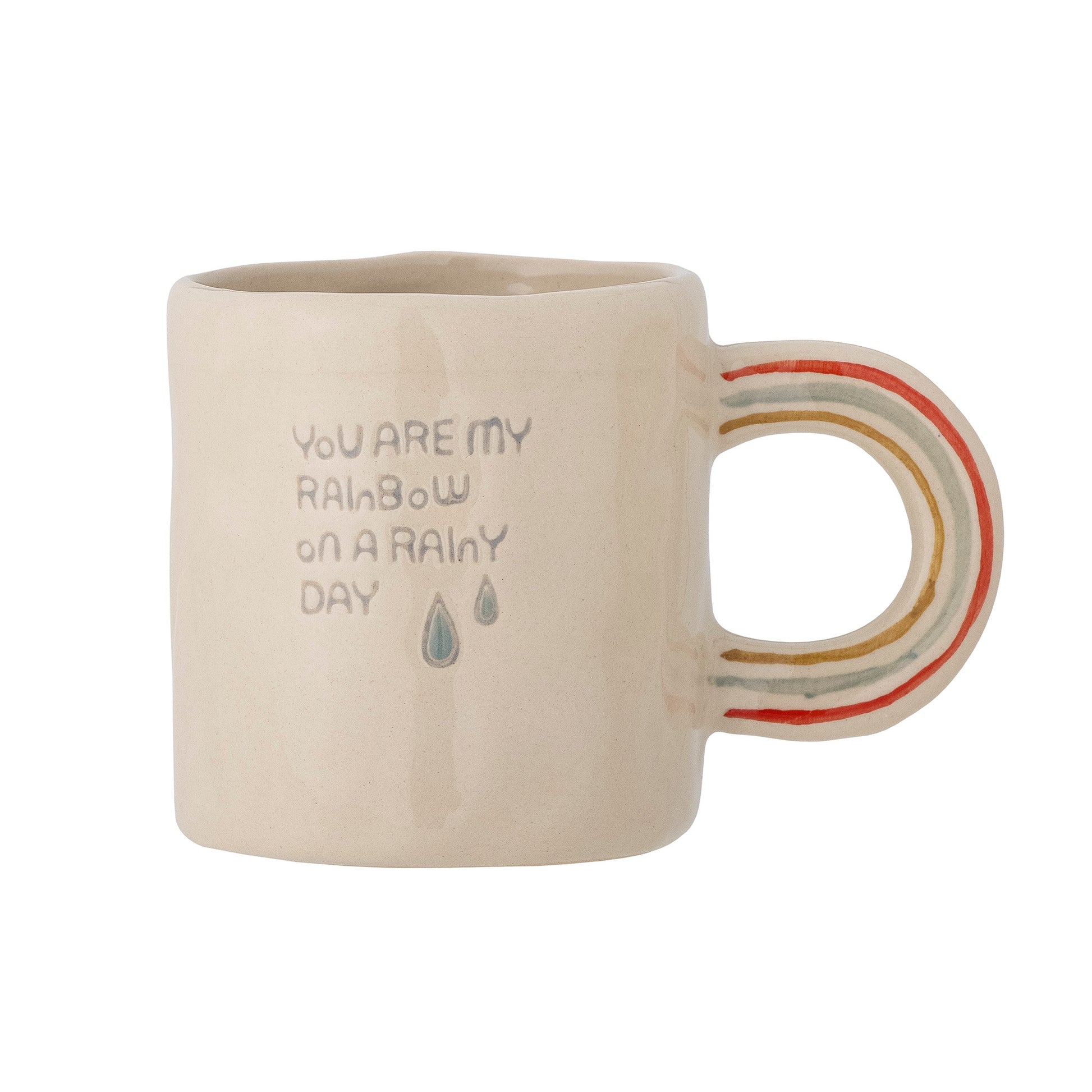 Cloudy cup with writing "You are my rainbow on a rainy day". The rainbow handle is on the right.