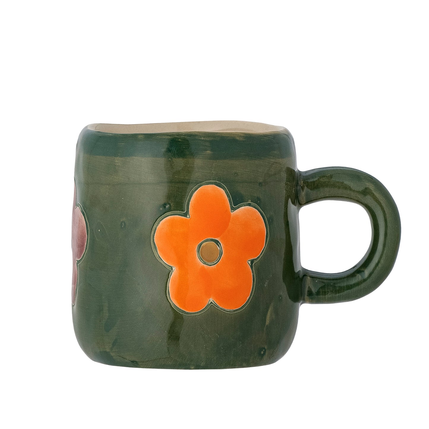 Small green mug with bright orange hand painted flowers. 