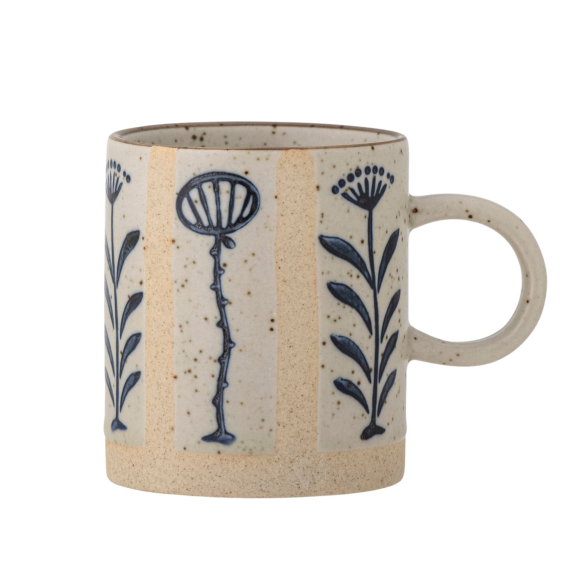 Small stoneware mug with blue floral detail. 