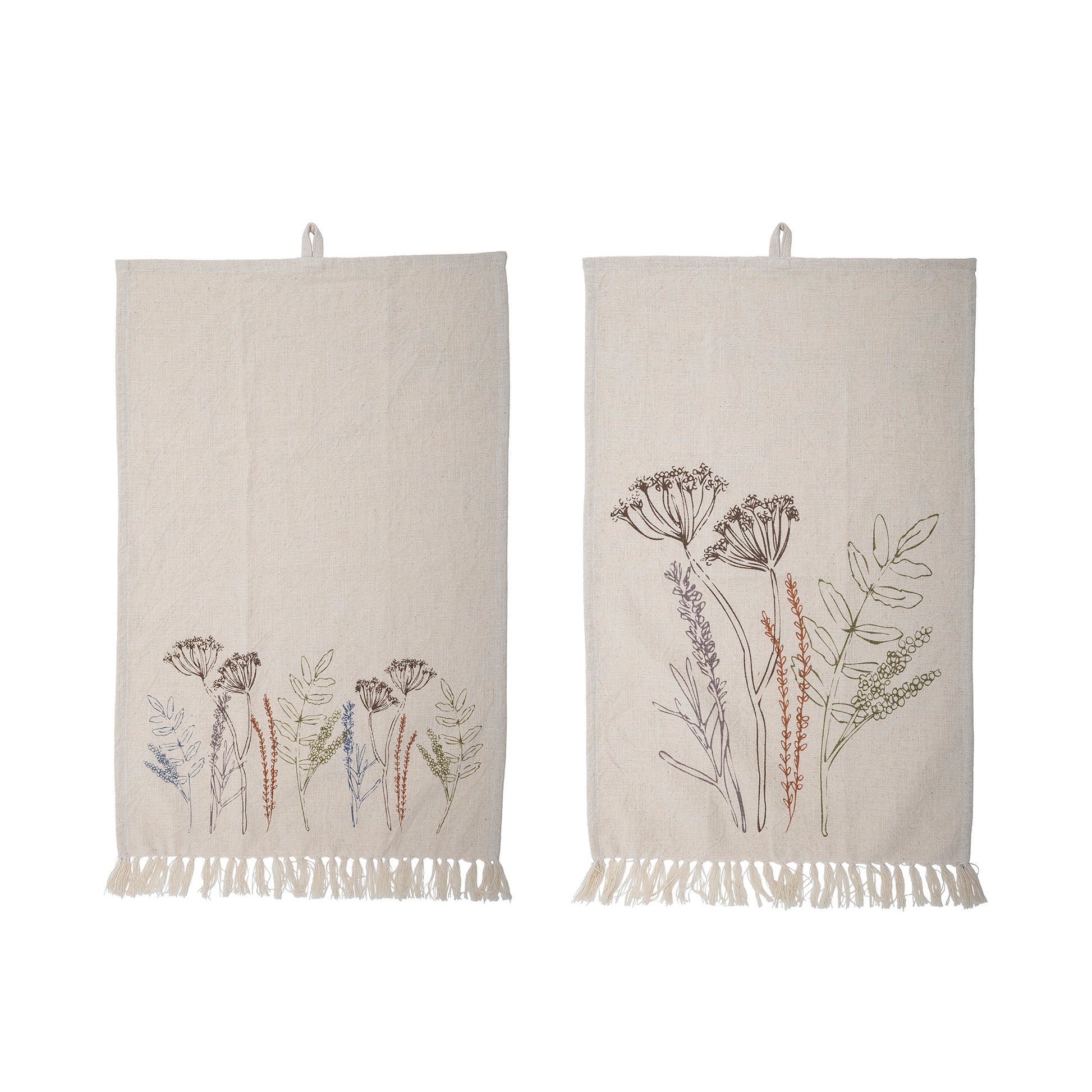 two tea towels with sketched flowers. Each tea towel has a variation of the same pattern.