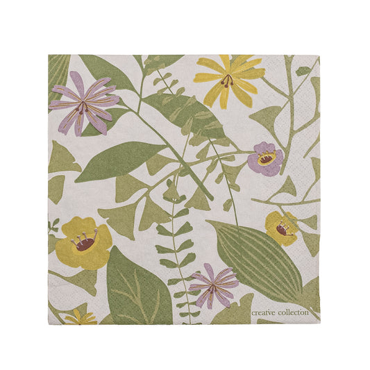 paper napkins with green foliage and pink and purple flowers. 