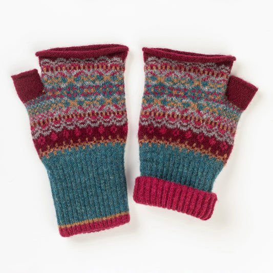 Pair of knitted fingerless gloves with a colorful pattern on a white background
