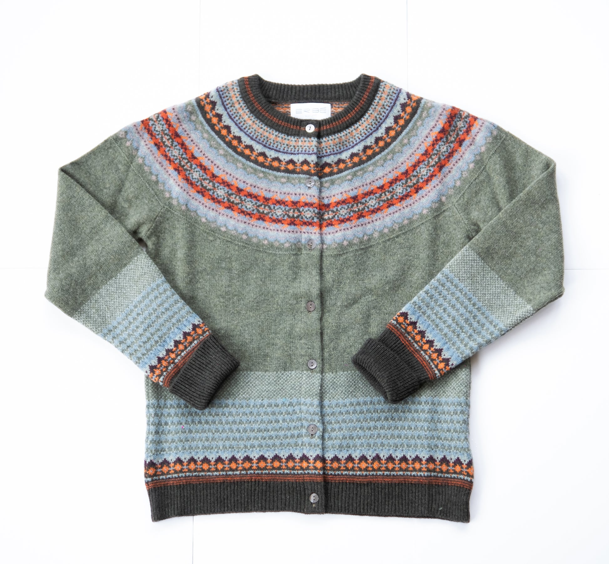 Green cardigan with patterned collar and cuffs on a white background