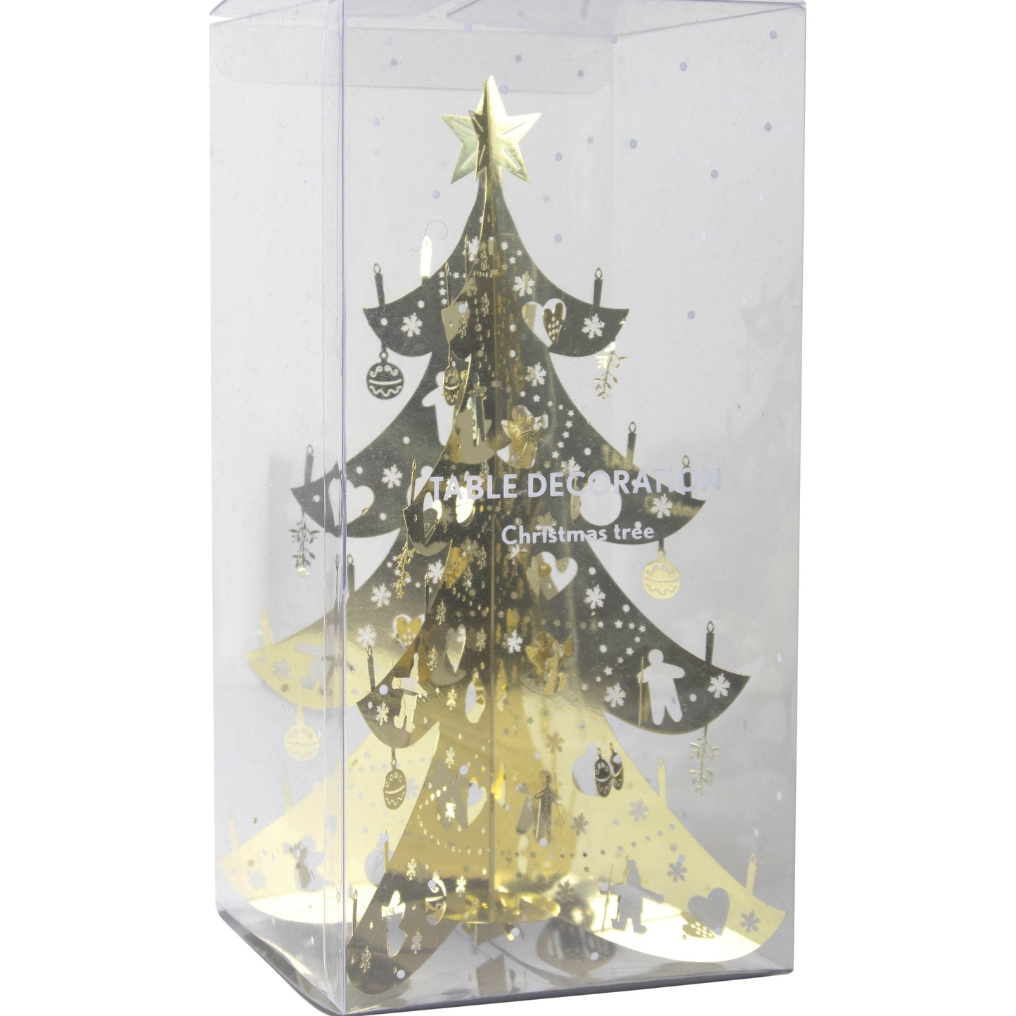 Decorative Christmas tree in a clear box packaging on a white background