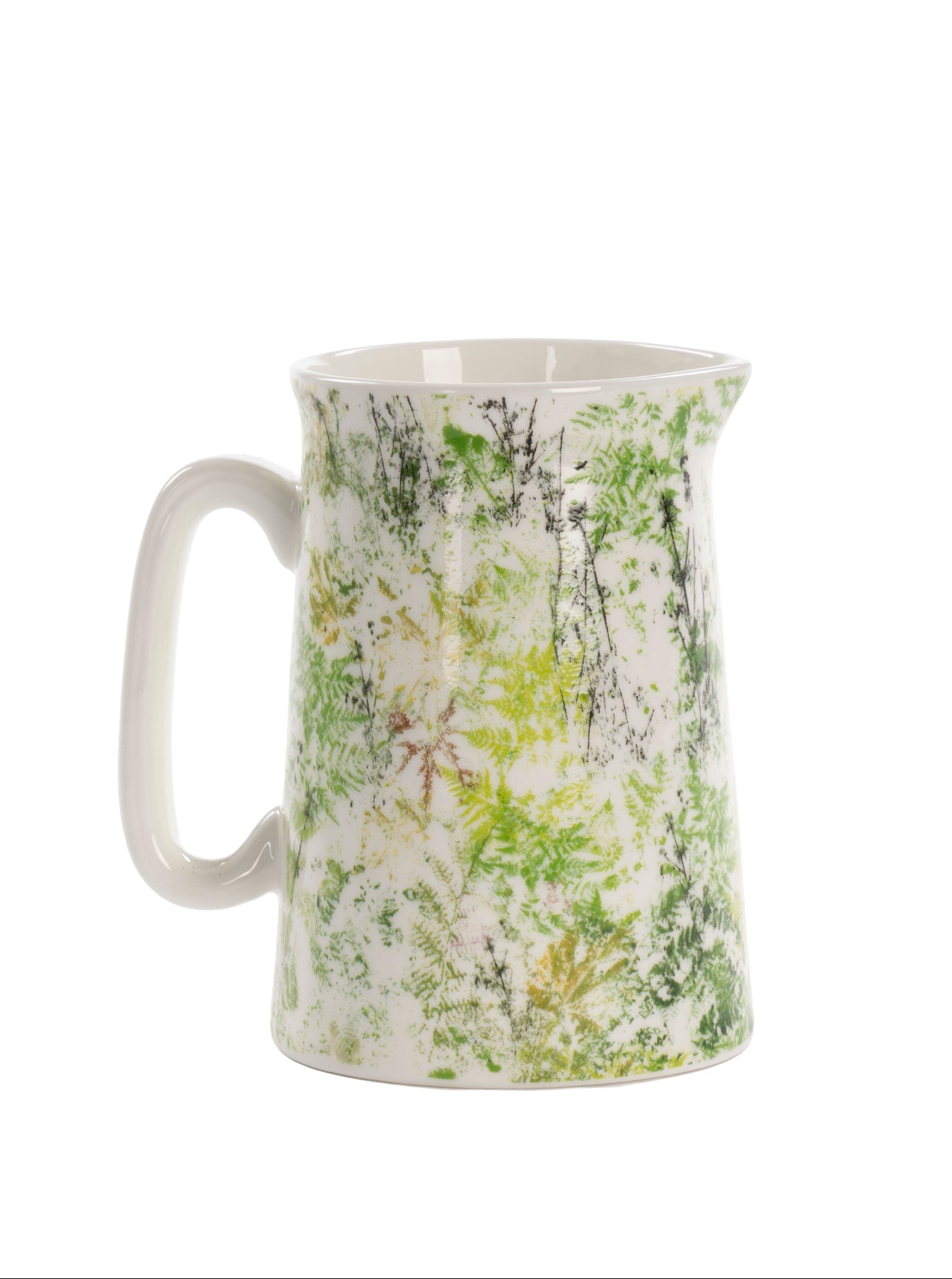 A white ceramic pitcher with a green and yellow botanical pattern, featuring a curved handle and a small pouring spout, set against a plain white background.