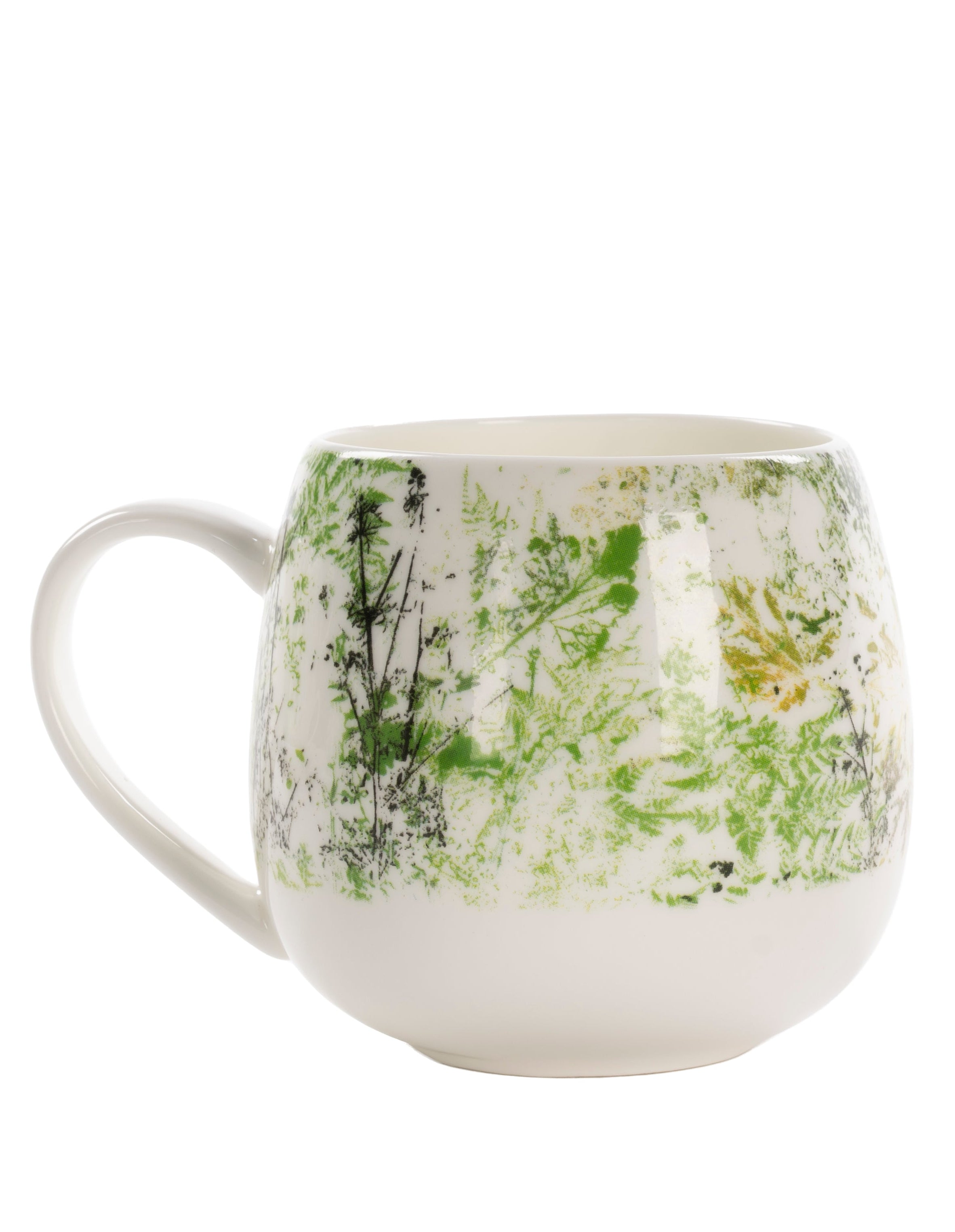 A white ceramic mug featuring a green botanical and leaf pattern around the upper half, set against a plain white background.