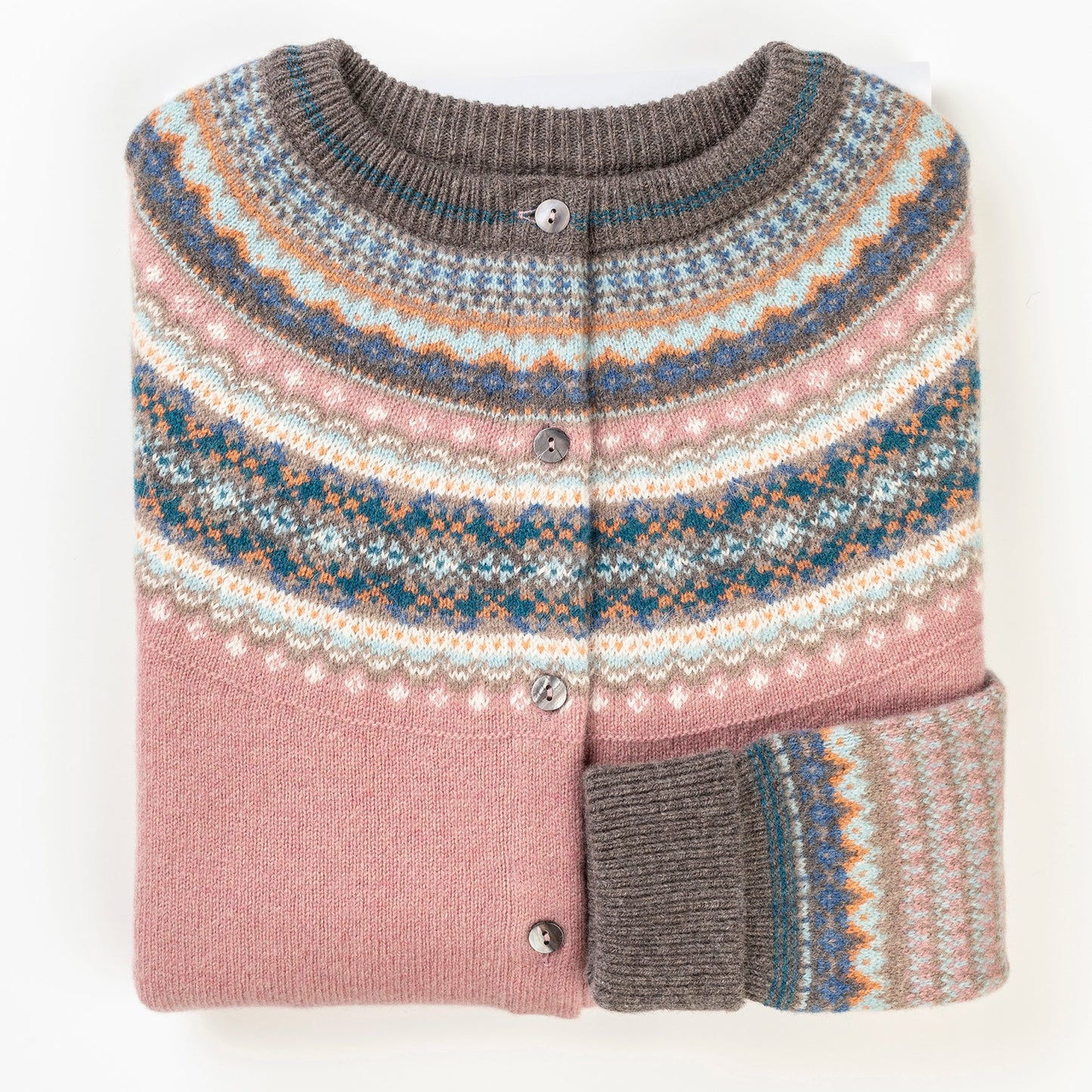 Knitted sweater with a colorful pattern on a white background