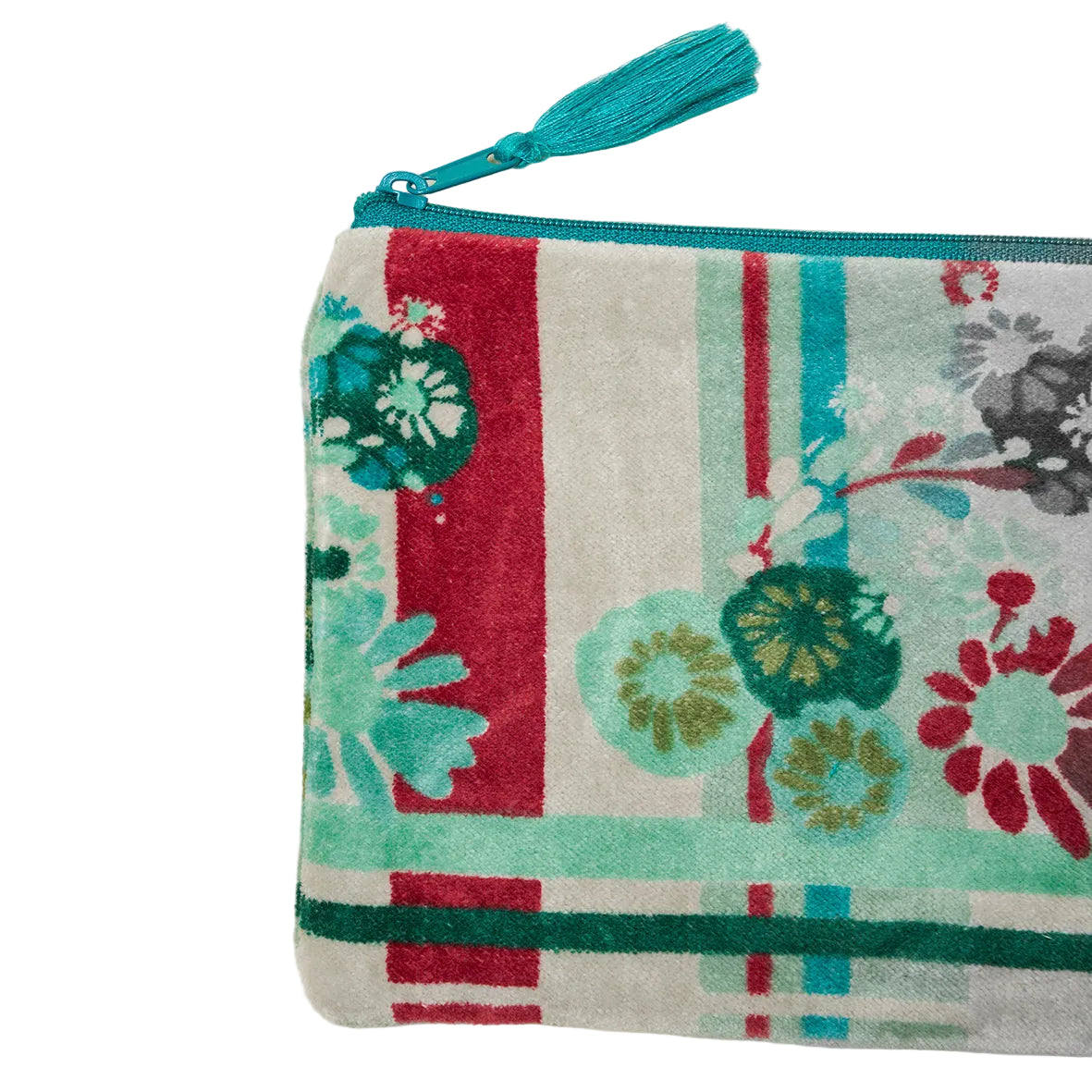 Floral patterned pouch with a blue zipper on a white background