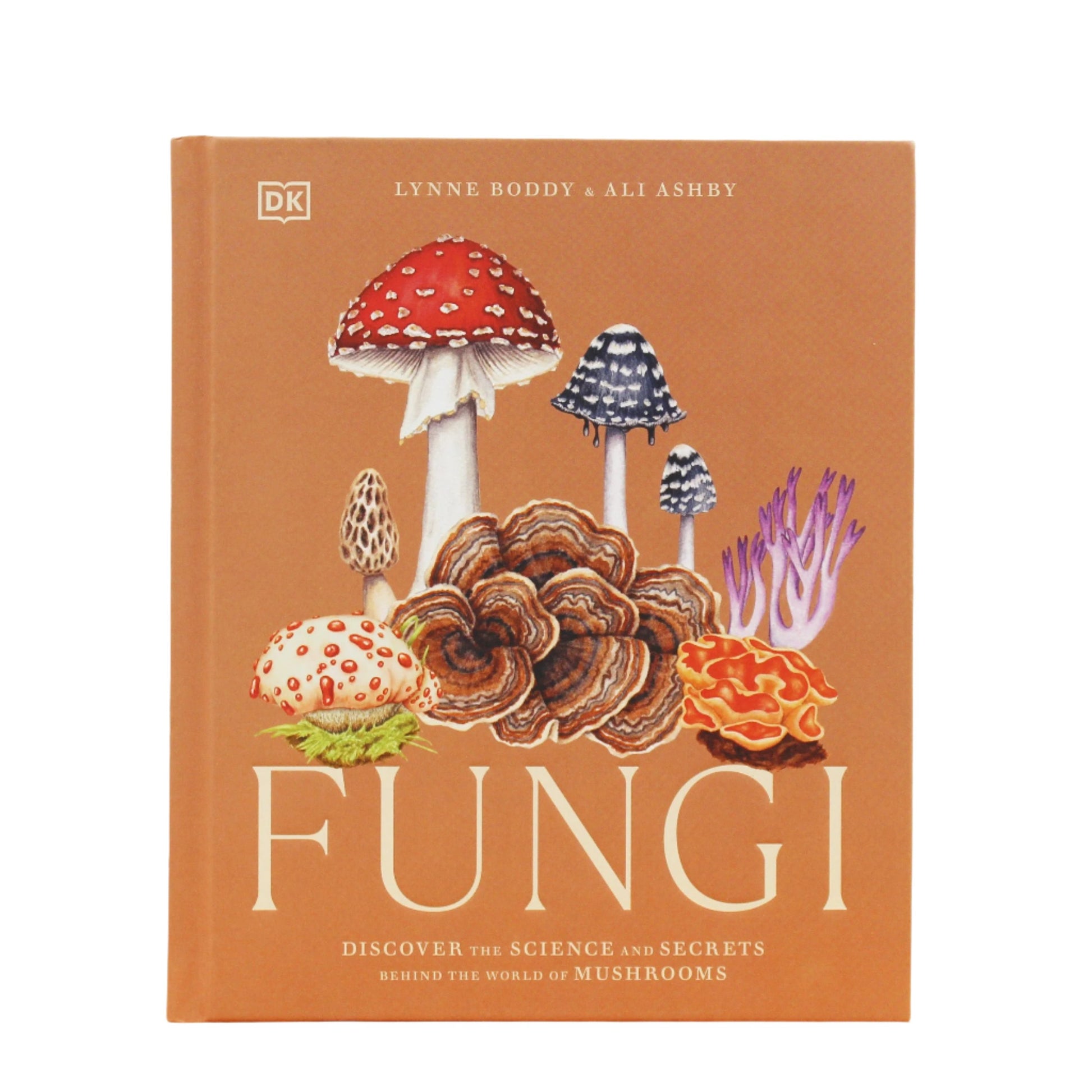 Orange, brown front cover of hardback book, featuring colourful illustrations of various fungi.