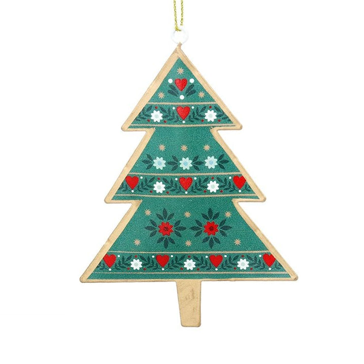 Decorative Christmas tree ornament with red and white patterns on a white background