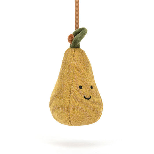 Plush pear toy with a smiling face on a white background