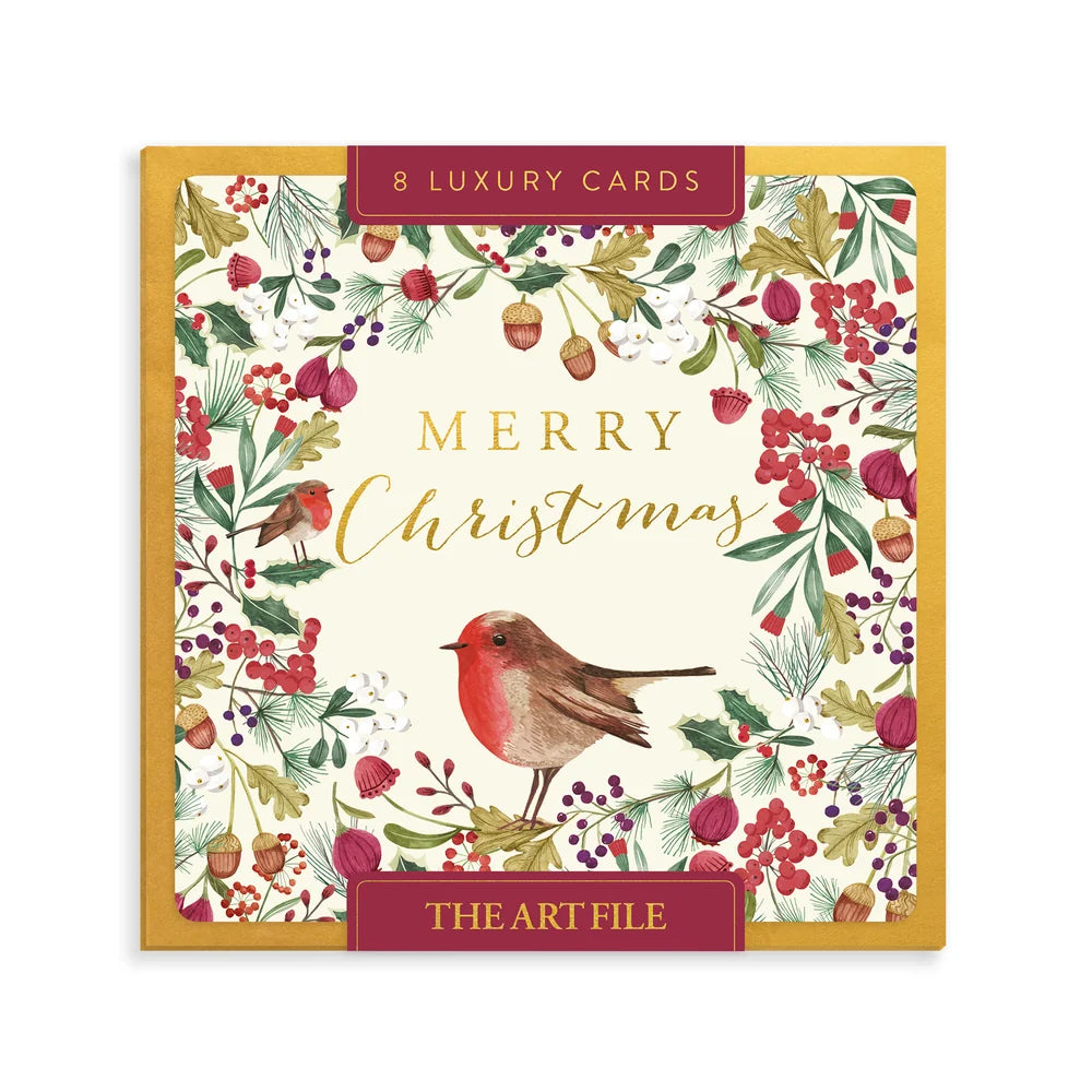 Luxury Christmas Cards Pack of 8 - Robin Acorns &amp; Berries