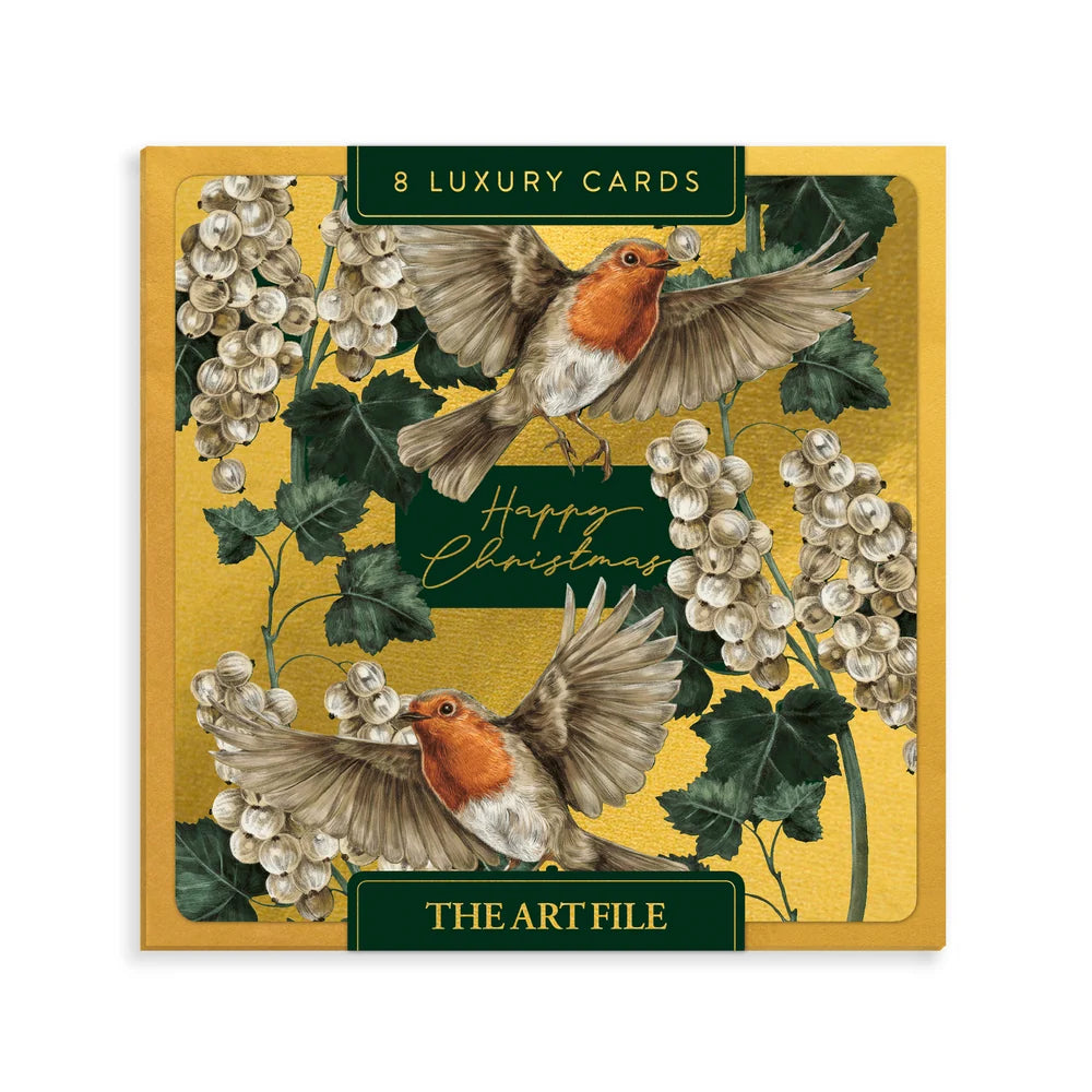 Luxury Christmas Cards Pack of 8 - Gold Robins