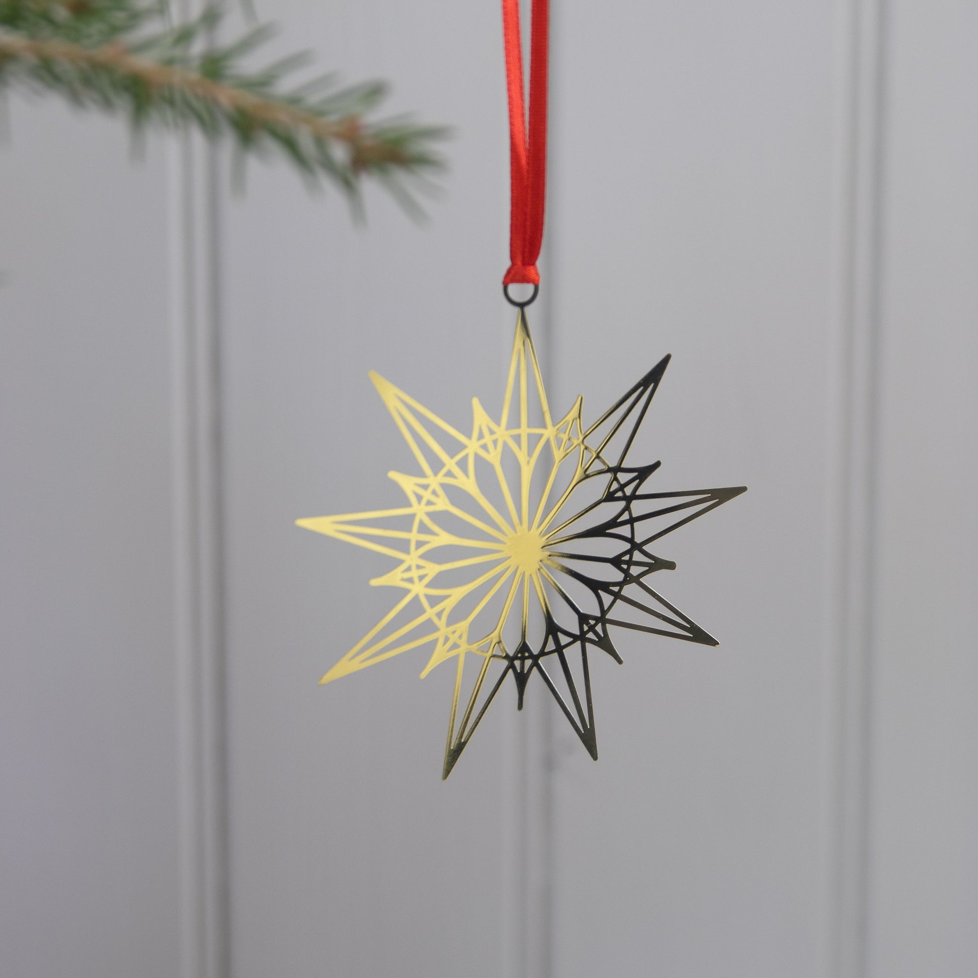 Star-shaped ornament hanging from a red ribbon on a white wall with a branch in the background.