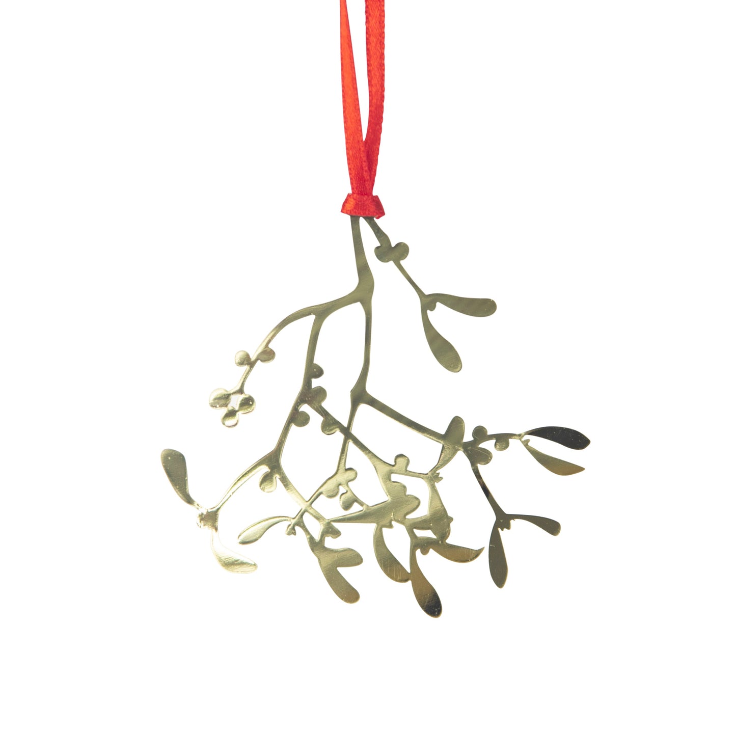 Decorative mistletoe ornament with a red ribbon on a white background