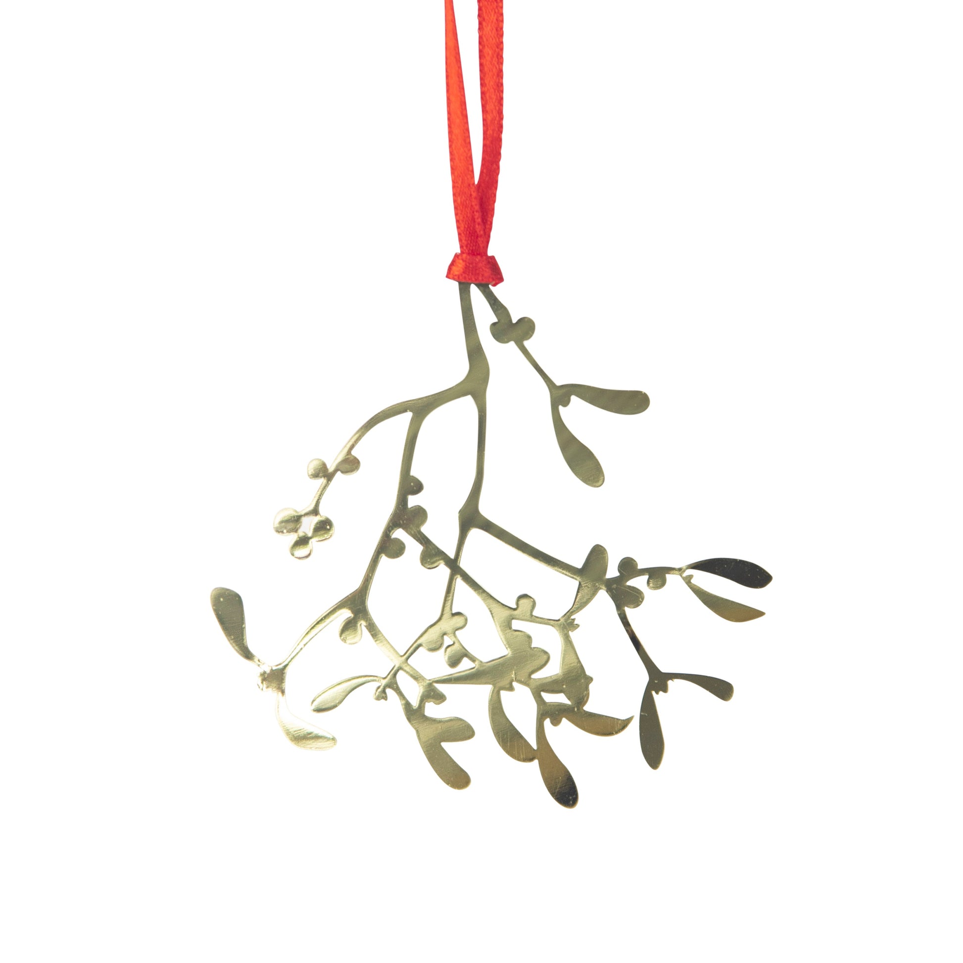 Decorative mistletoe ornament with a red ribbon on a white background