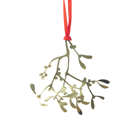 Decorative mistletoe ornament with a red ribbon on a white background