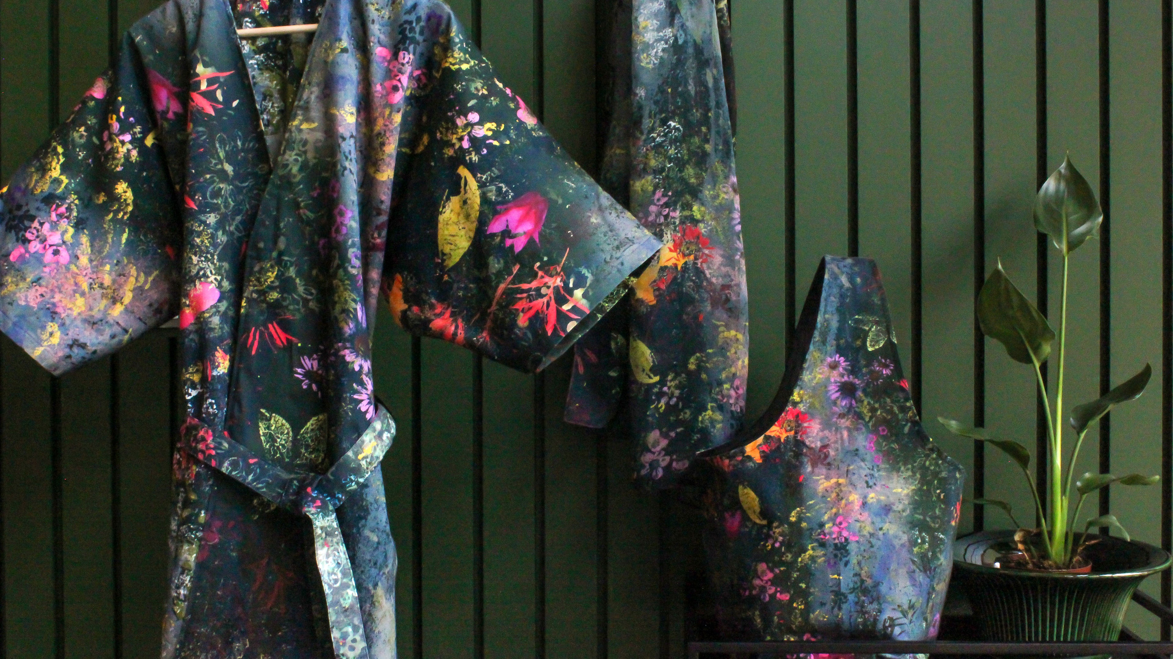 Floral printed Kimono, Silk Scarf and Cotton Bag. Part of the Rainfall Blooms Collection