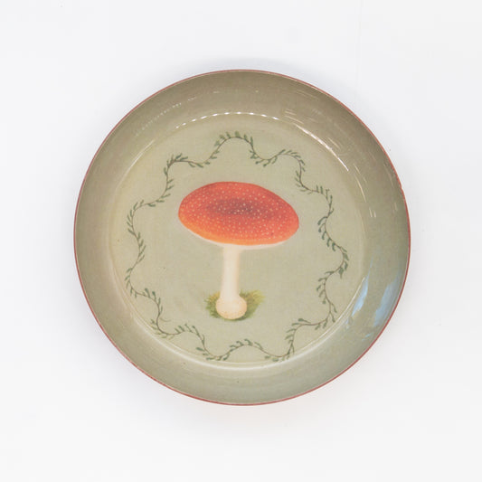 Ceramic plate with a red mushroom design on a white background