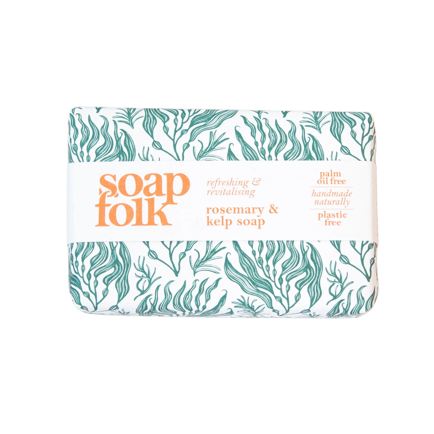 Soap bar with 'soap folk' branding and leaf pattern on a white background
