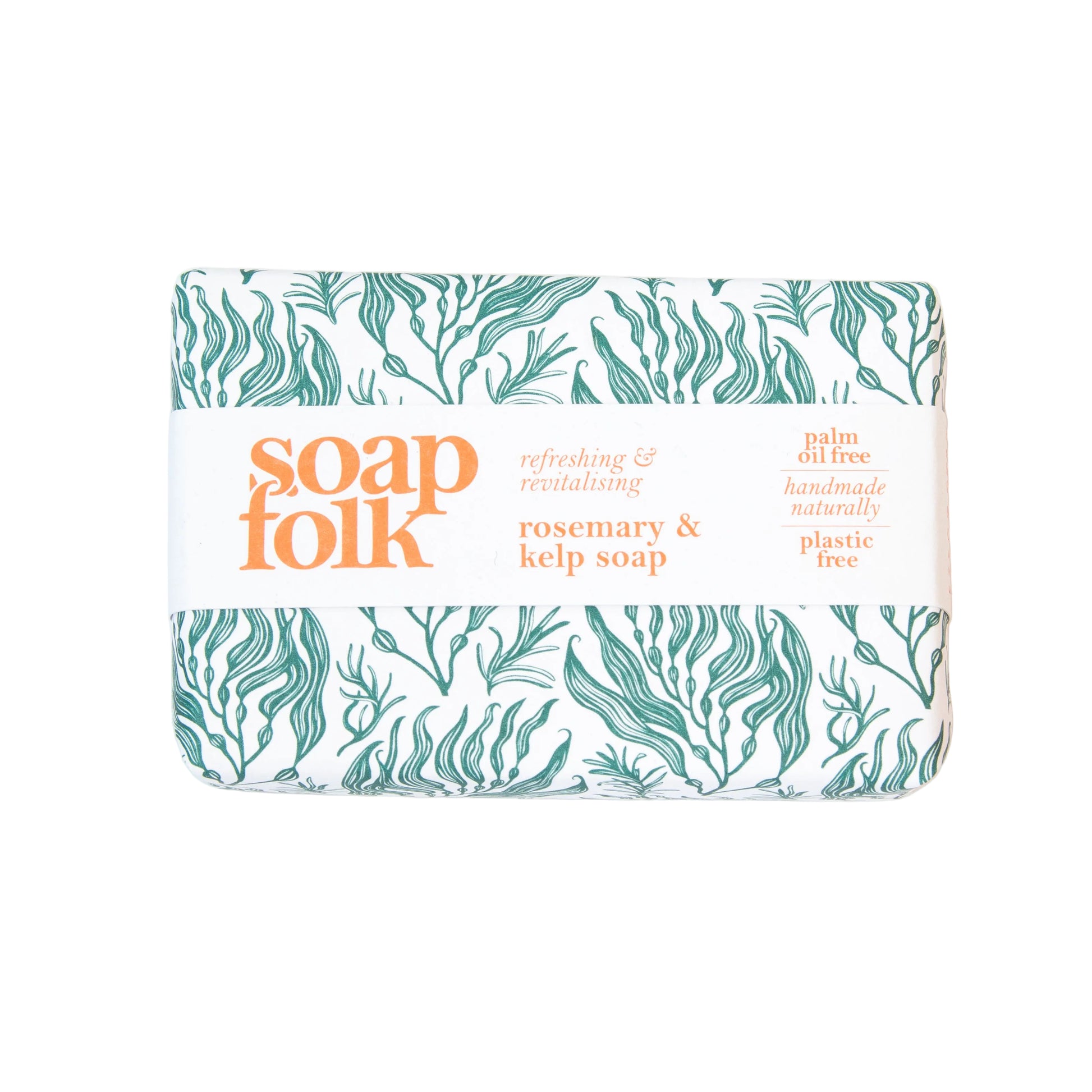 Soap bar with 'soap folk' branding and leaf pattern on a white background
