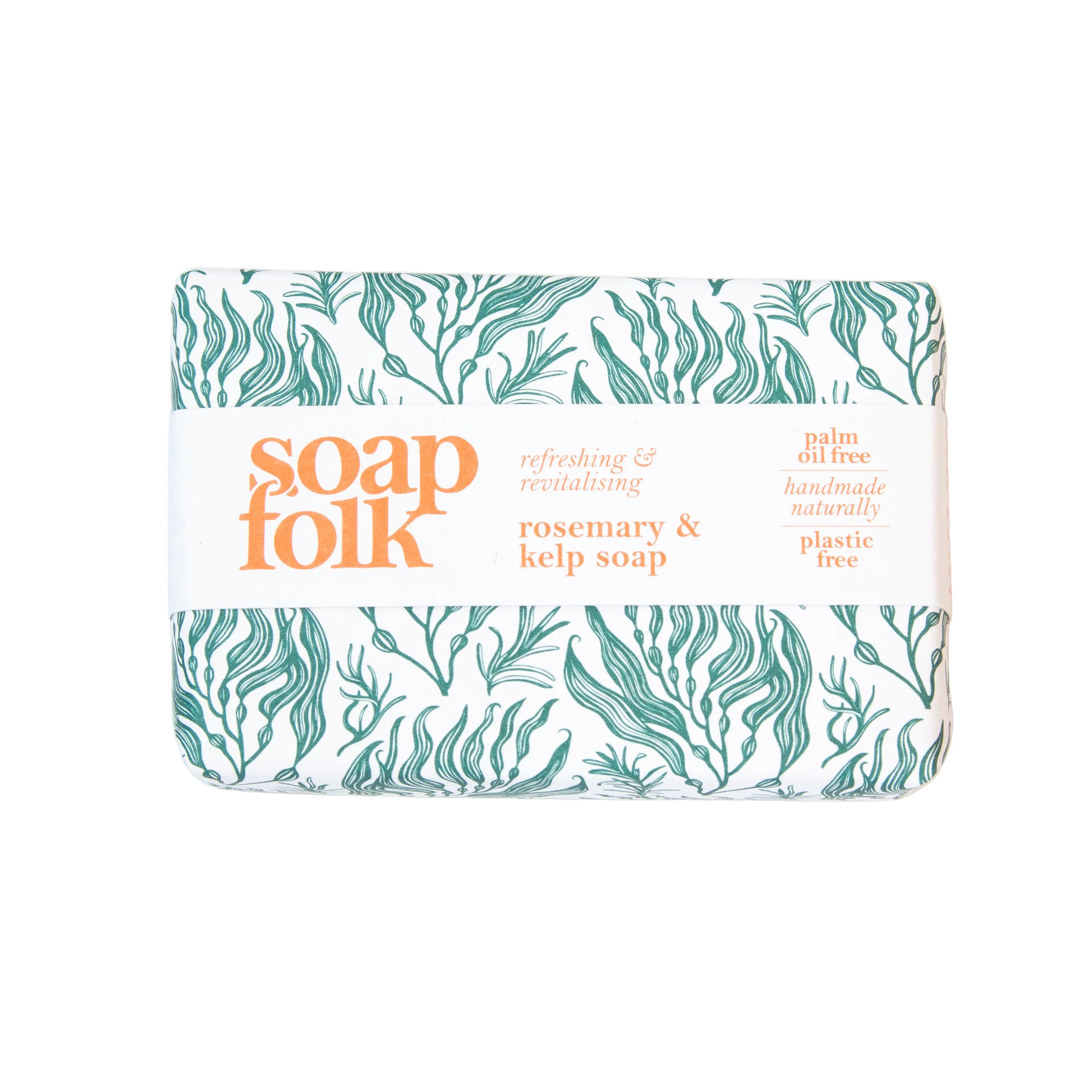 Soap bar with 'soap folk' branding and leaf pattern on a white background