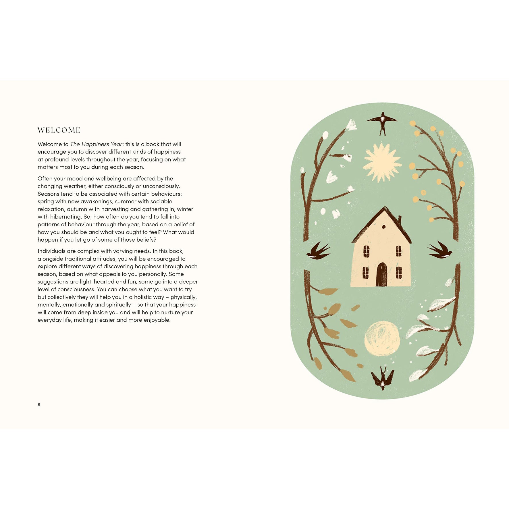 Illustration of a house surrounded by nature elements on a light green background with text.