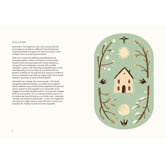 Illustration of a house surrounded by nature elements on a light green background with text.