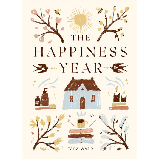 Book cover of 'The Happiness Year' with illustrations and text on a white background