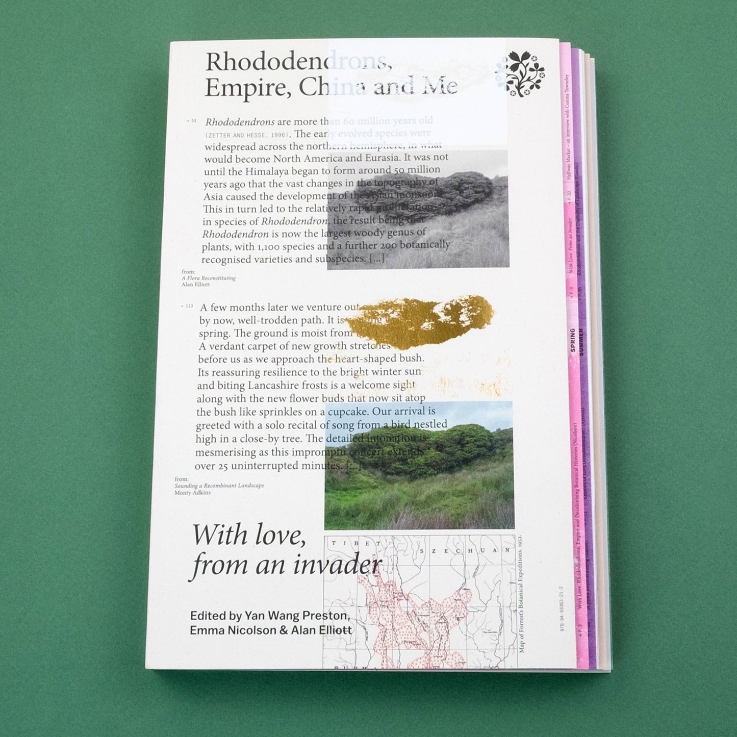 Book with text and images on a green background