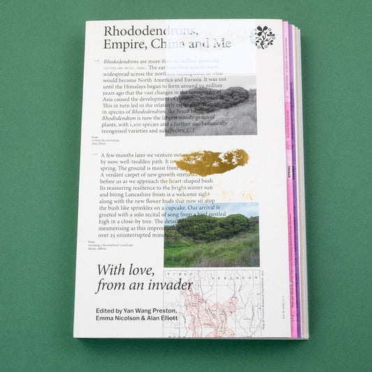 Book with text and images on a green background