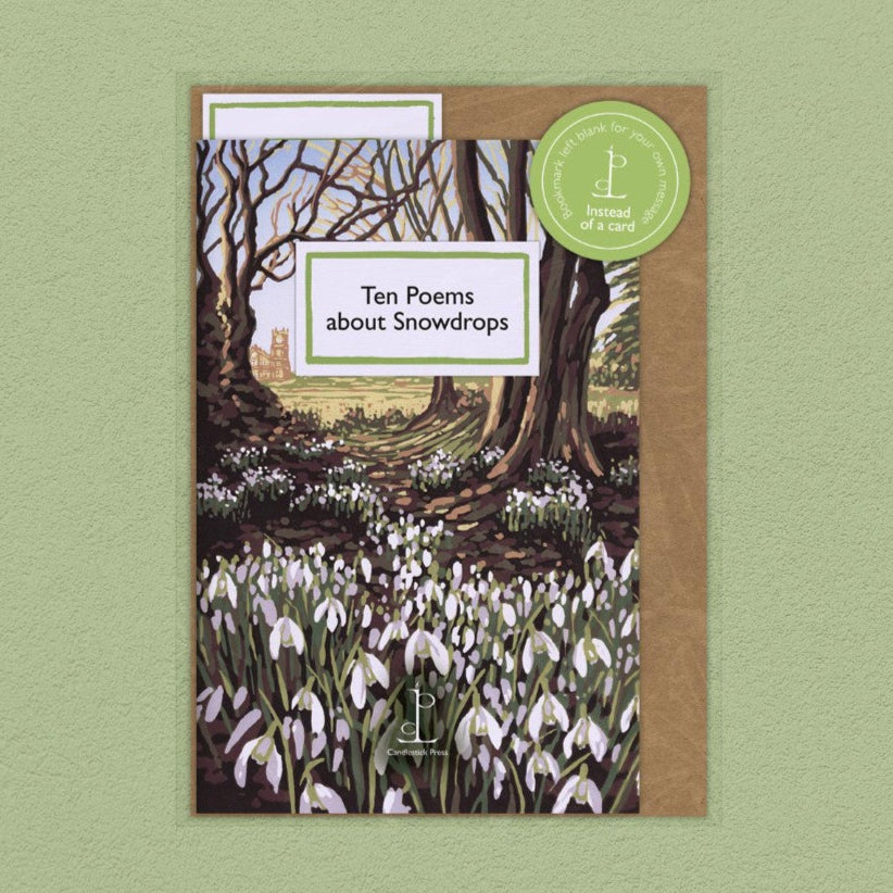 Front of poem card showing illustration  of a snowdrop woodland. Title: Ten Poems about Snowdrops