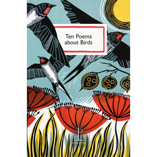The cover of Ten Poems about Birds featuring an illustration of Swallows flying in a blue sky above a field of big red flowers.