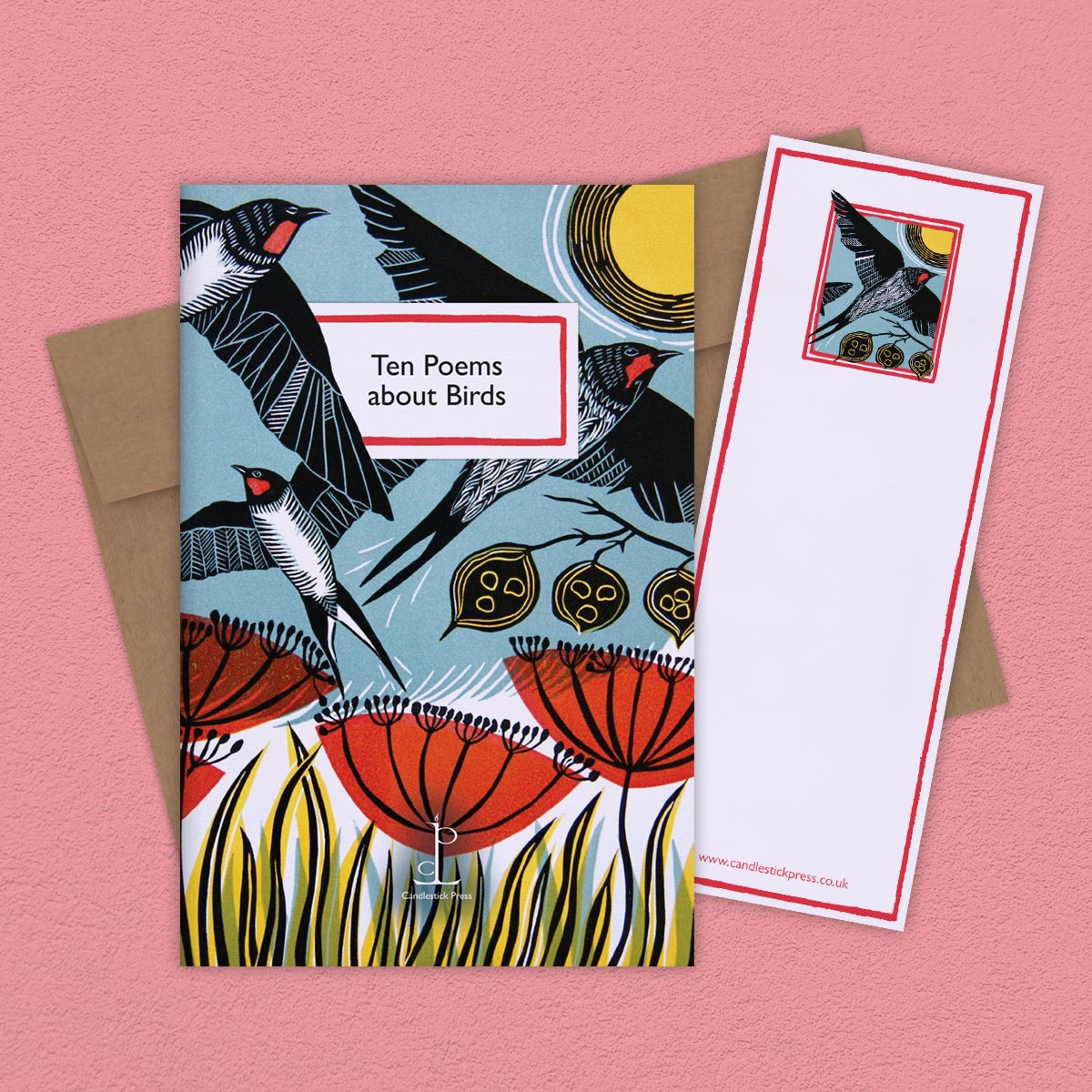 The Poem Pamphlet, 'Ten Poems about Birds' sits on a Rose coloured background with the bookmark and brown envelope.