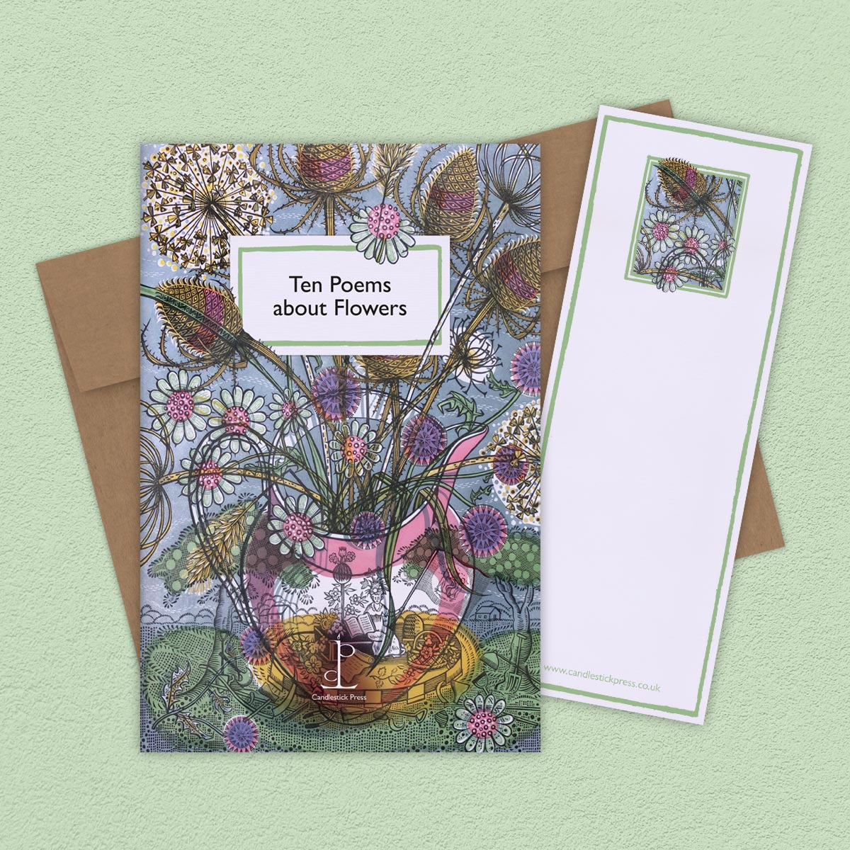 The Poem Pamphlet, 'Ten Poems about Flowers' sits on a light green background with the bookmark and brown envelope.