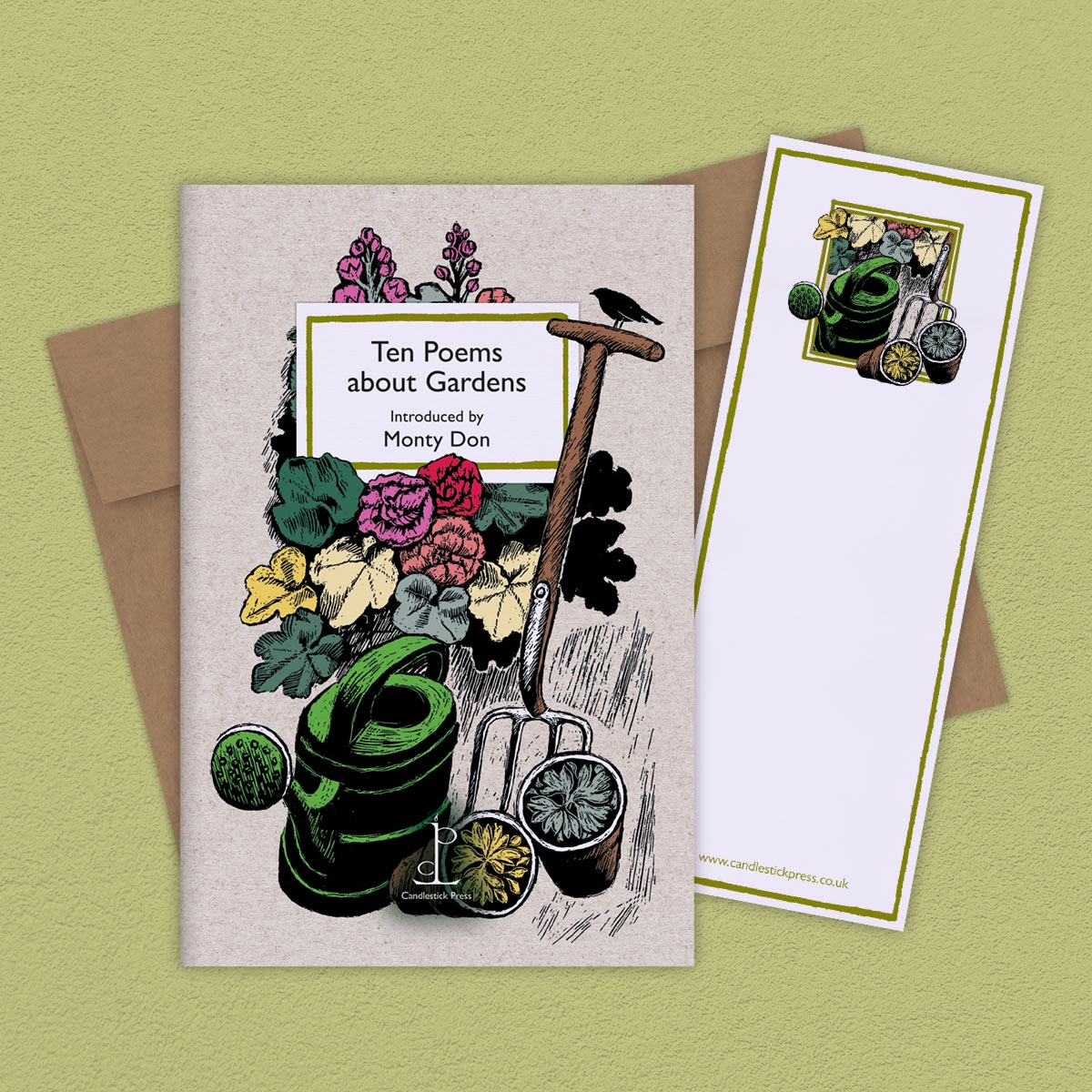 The Poem Pamphlet, 'Ten Poems about Gardens' sits on a light green background with the bookmark and brown envelope.