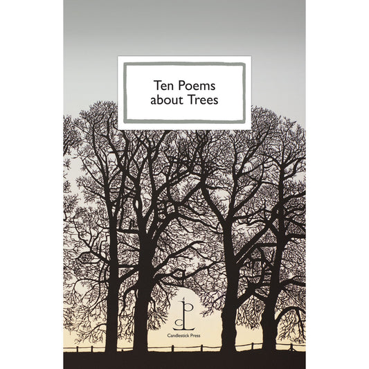The front cover of Ten Poems about Trees featuring an illustration of four large trees in front of a twilight sky.